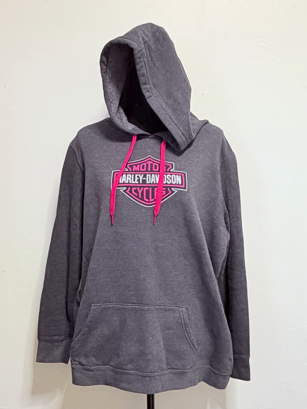 Harley-Davidson Charcoal Gray Hoodie with Hot Pink Logo & Drawstrings